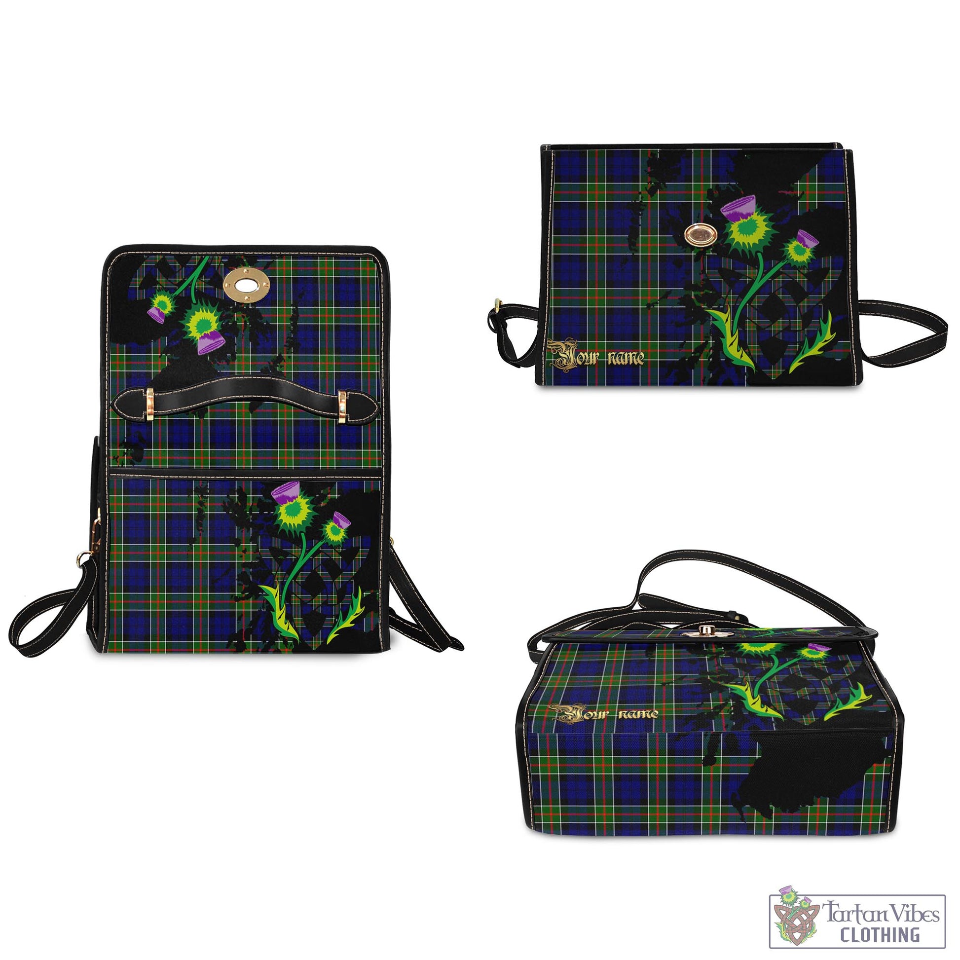 Tartan Vibes Clothing Colquhoun Modern Tartan Waterproof Canvas Bag with Scotland Map and Thistle Celtic Accents