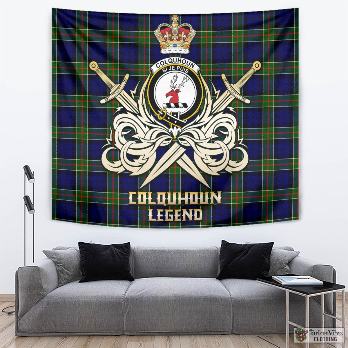 Tartan Vibes Clothing Colquhoun Modern Tartan Tapestry with Clan Crest and the Golden Sword of Courageous Legacy