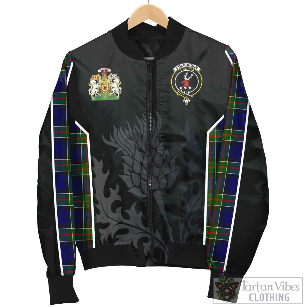 Tartan Vibes Clothing Colquhoun Modern Tartan Bomber Jacket with Family Crest and Scottish Thistle Vibes Sport Style