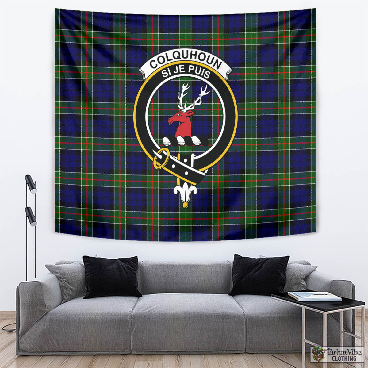 Tartan Vibes Clothing Colquhoun Modern Tartan Tapestry Wall Hanging and Home Decor for Room with Family Crest