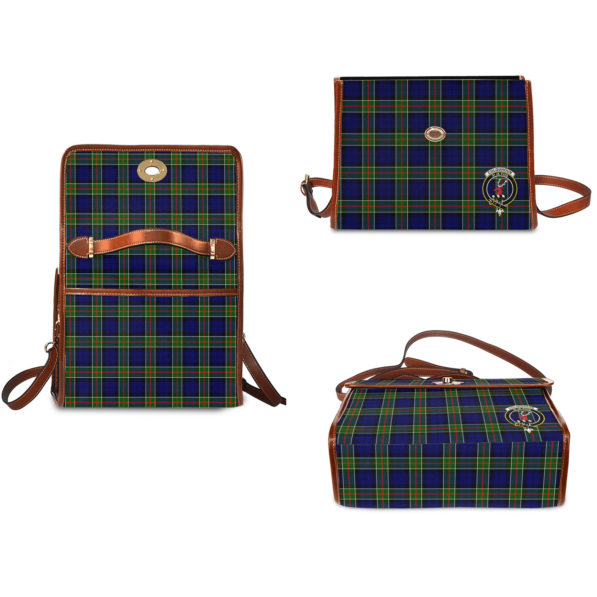 colquhoun-modern-tartan-leather-strap-waterproof-canvas-bag-with-family-crest