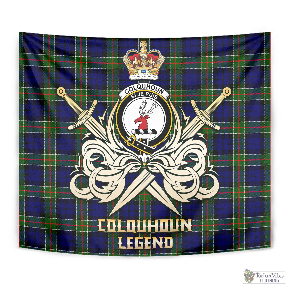 Tartan Vibes Clothing Colquhoun Modern Tartan Tapestry with Clan Crest and the Golden Sword of Courageous Legacy