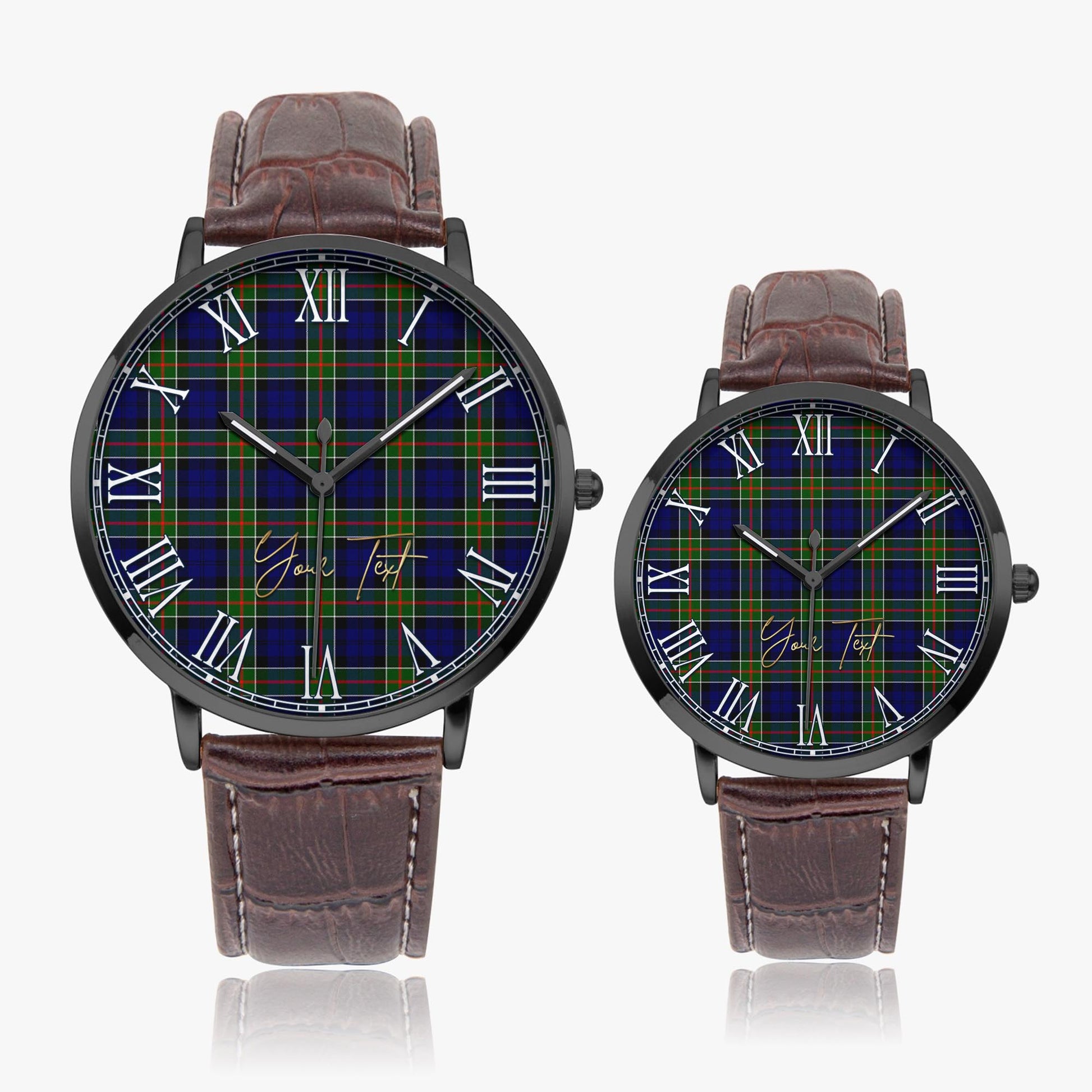 Colquhoun Modern Tartan Personalized Your Text Leather Trap Quartz Watch Ultra Thin Black Case With Brown Leather Strap - Tartanvibesclothing