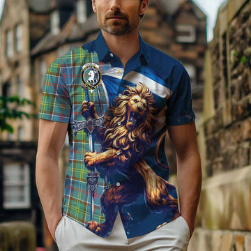 Colville Tartan Family Crest Short Sleeve Button Shirt with Scottish Majestic Lion