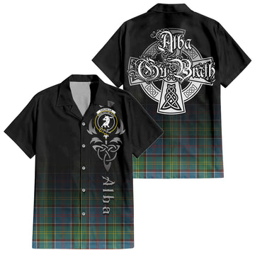 Colville Tartan Short Sleeve Button Up Shirt Featuring Alba Gu Brath Family Crest Celtic Inspired