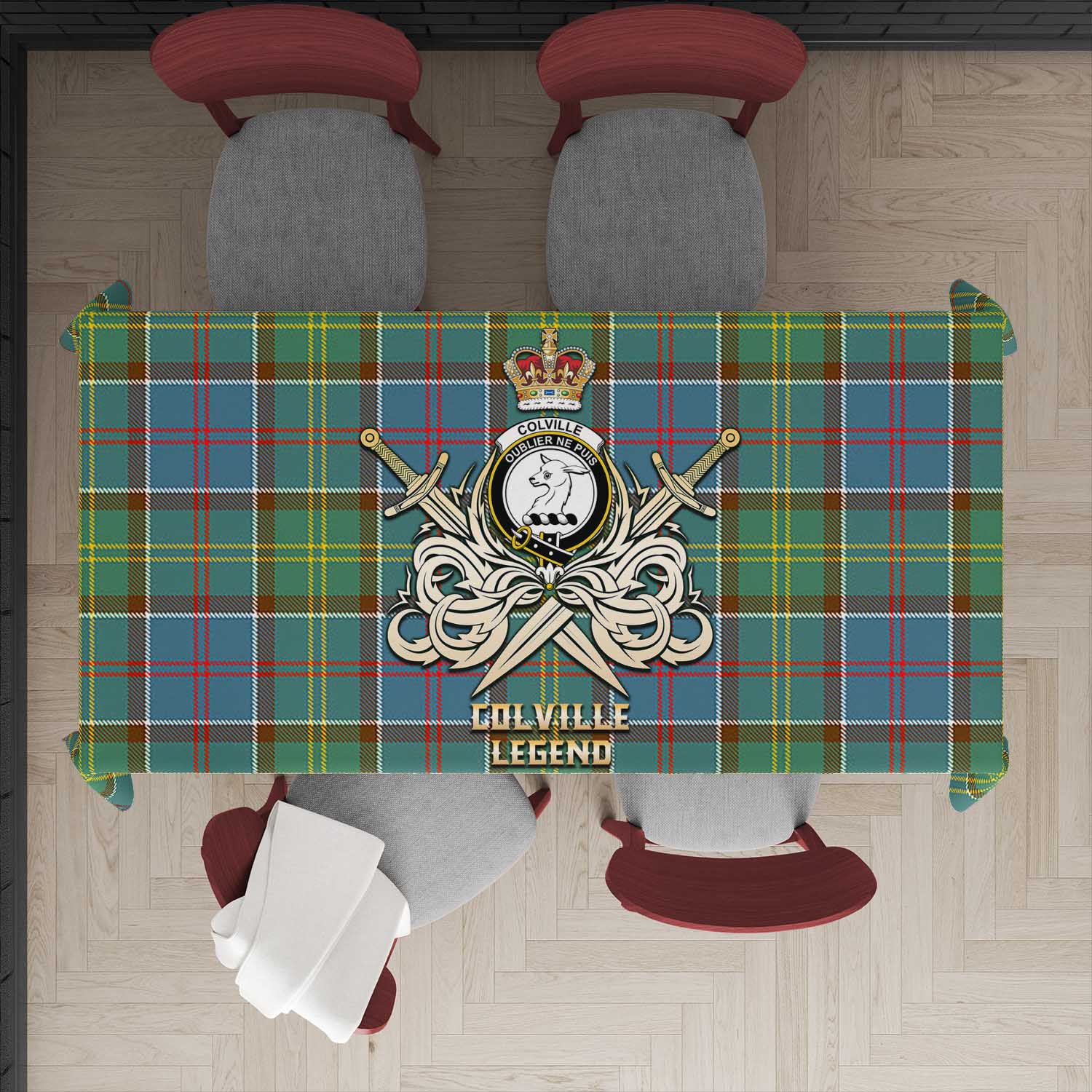 Tartan Vibes Clothing Colville Tartan Tablecloth with Clan Crest and the Golden Sword of Courageous Legacy