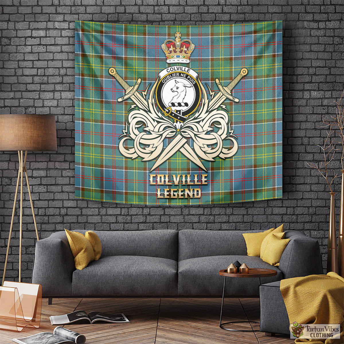 Tartan Vibes Clothing Colville Tartan Tapestry with Clan Crest and the Golden Sword of Courageous Legacy