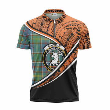 Colville Crest Tartan Zipper Polo Shirt with Polynesian Vibes Style - Orange Version