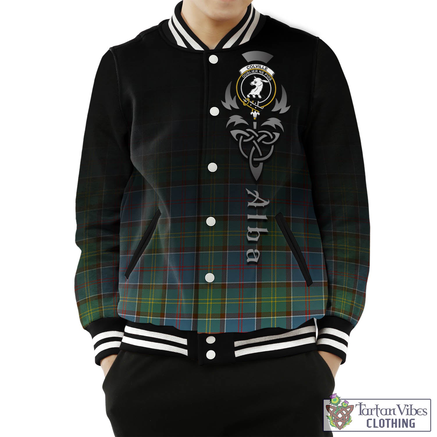 Tartan Vibes Clothing Colville Tartan Baseball Jacket Featuring Alba Gu Brath Family Crest Celtic Inspired