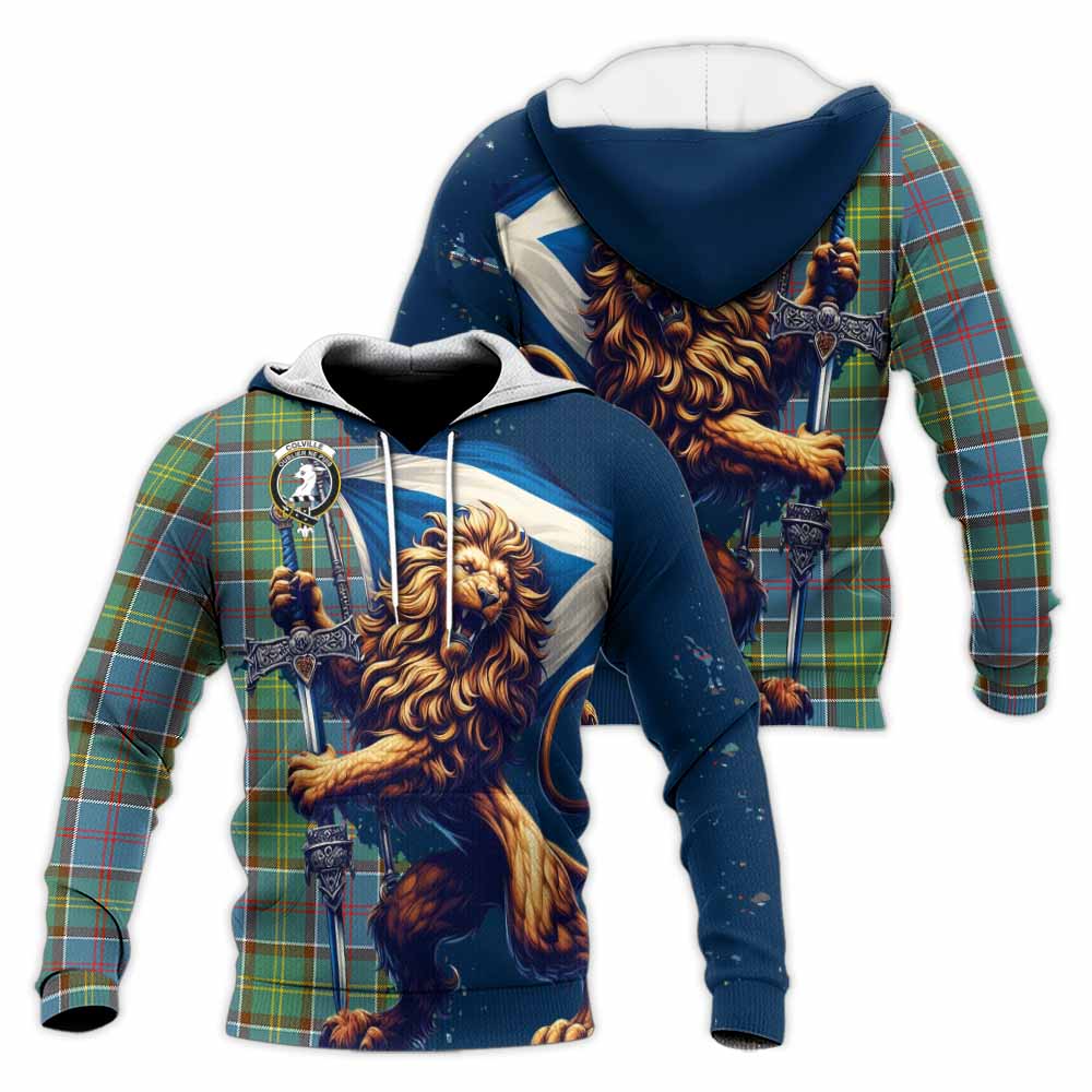 Tartan Vibes Clothing Colville Tartan Family Crest Knitted Hoodie with Scottish Majestic Lion