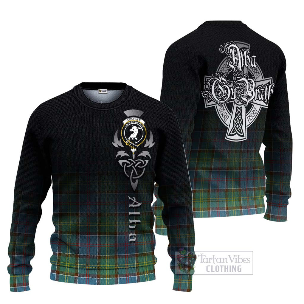 Tartan Vibes Clothing Colville Tartan Knitted Sweater Featuring Alba Gu Brath Family Crest Celtic Inspired