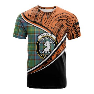 Colville Crest Tartan Cotton T-shirt with Polynesian Vibes Style - Orange Version