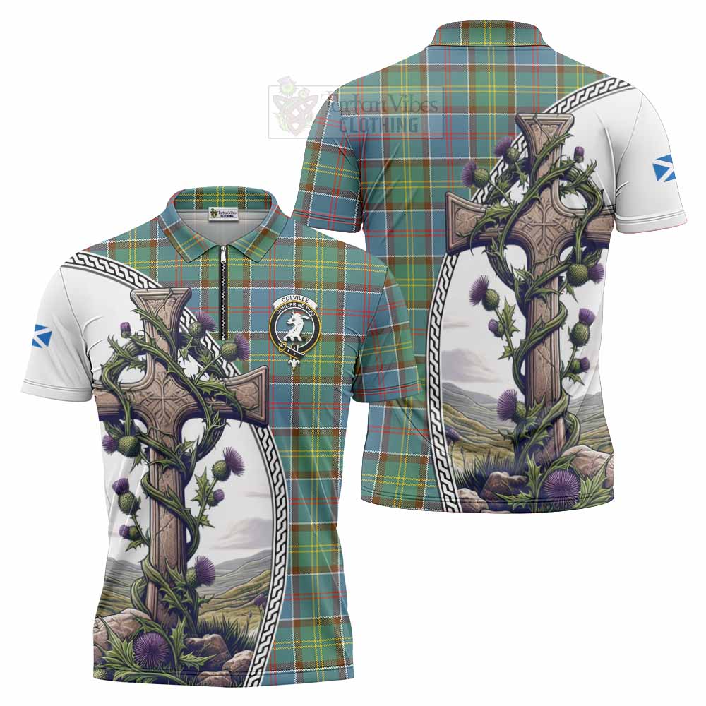 Tartan Vibes Clothing Colville Tartan Zipper Polo Shirt with Family Crest and St. Andrew's Cross Accented by Thistle Vines