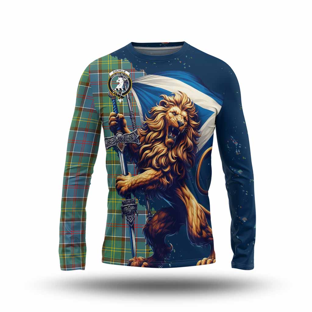 Tartan Vibes Clothing Colville Tartan Family Crest Long Sleeve T-Shirt with Scottish Majestic Lion