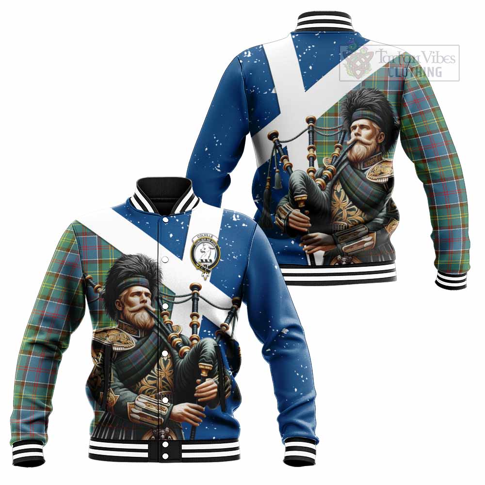 Tartan Vibes Clothing Colville Tartan Baseball Jacket with Family Crest Scottish Bagpiper Vibes