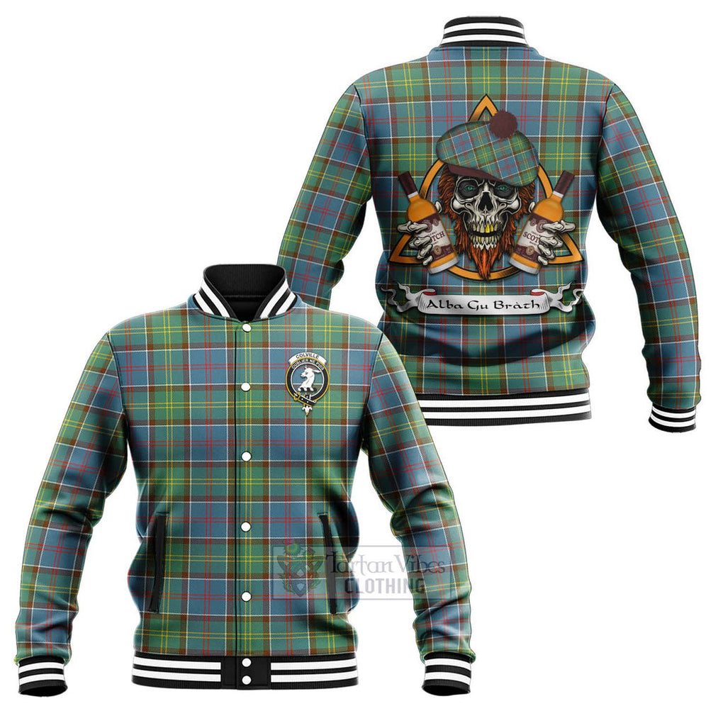 Tartan Vibes Clothing Colville Tartan Baseball Jacket with Family Crest and Bearded Skull Holding Bottles of Whiskey