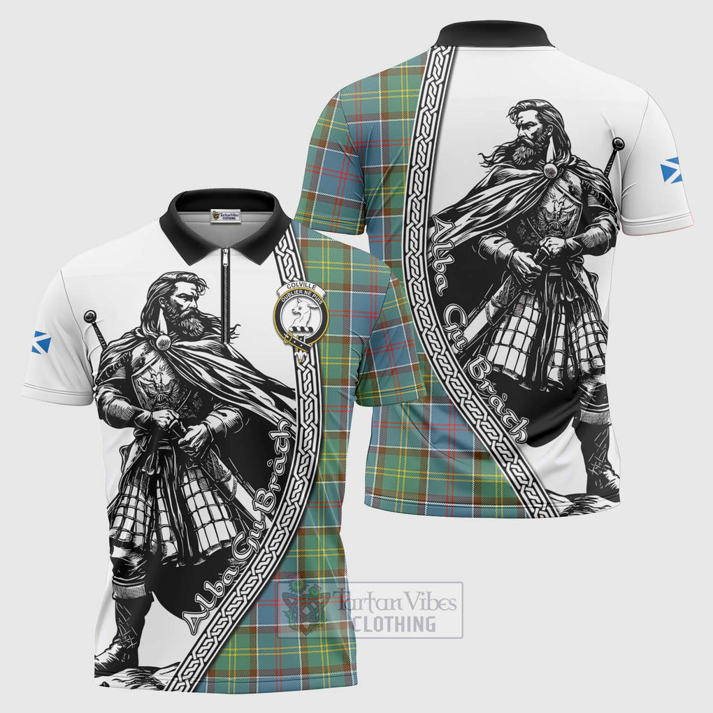 Tartan Vibes Clothing Colville Tartan Clan Crest Zipper Polo Shirt with Highlander Warrior Celtic Style