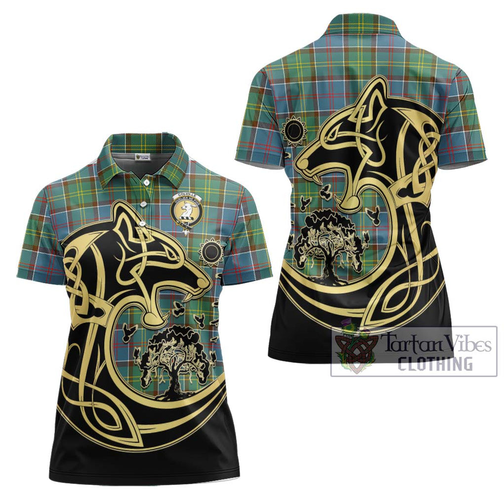 Colville Tartan Women's Polo Shirt with Family Crest Celtic Wolf Style Women - Tartanvibesclothing Shop