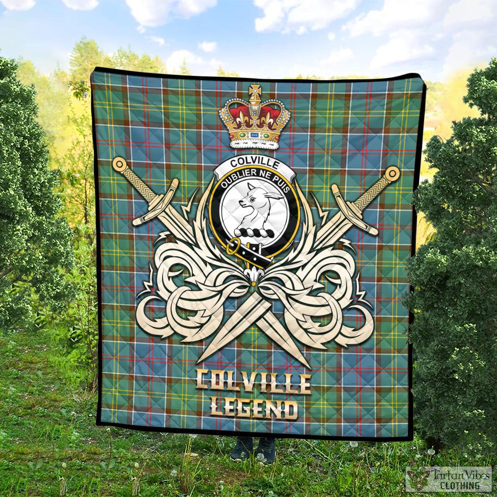 Tartan Vibes Clothing Colville Tartan Quilt with Clan Crest and the Golden Sword of Courageous Legacy