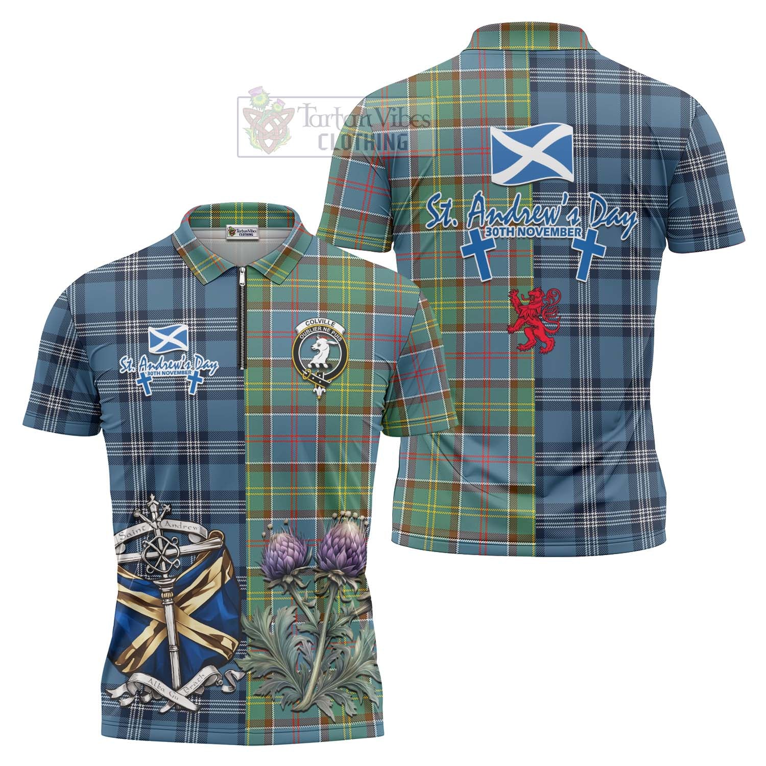 Tartan Vibes Clothing Colville Tartan Zipper Polo Shirt Happy St. Andrew's Day Half Tartan Style