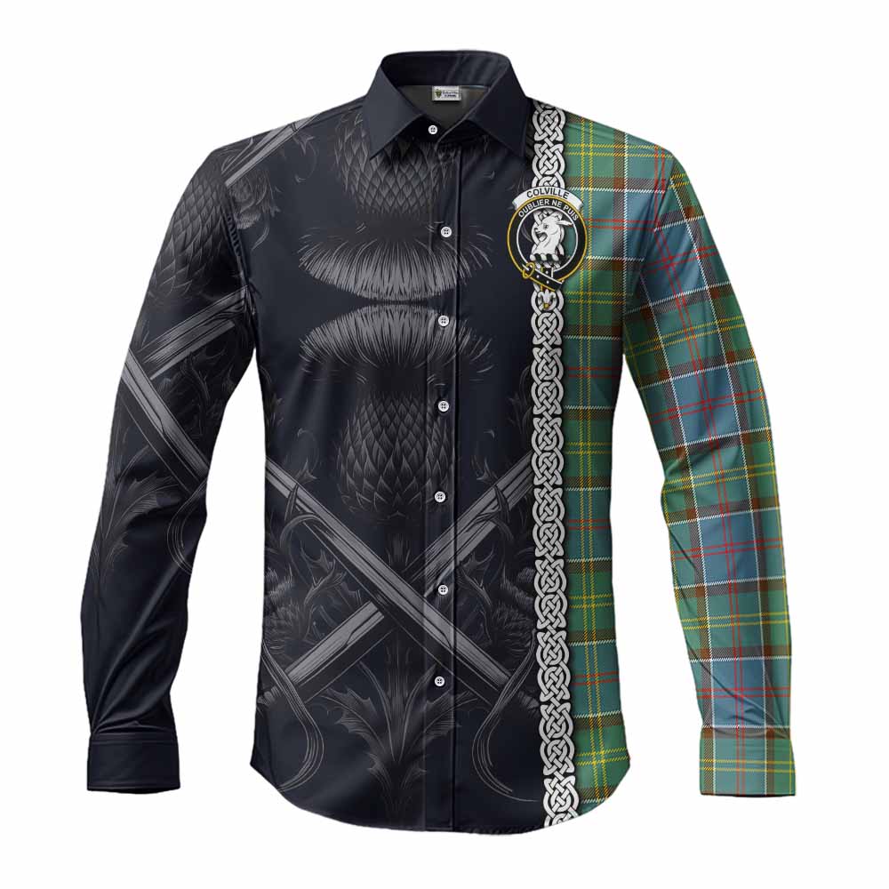 Colville Tartan Long Sleeve Button Shirt with Family Crest Cross Sword Thistle Celtic Vibes Men's Shirt S - Tartan Vibes Clothing