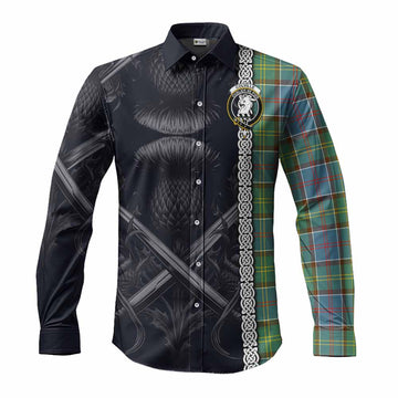 Colville Tartan Long Sleeve Button Shirt with Family Crest Cross Sword Thistle Celtic Vibes