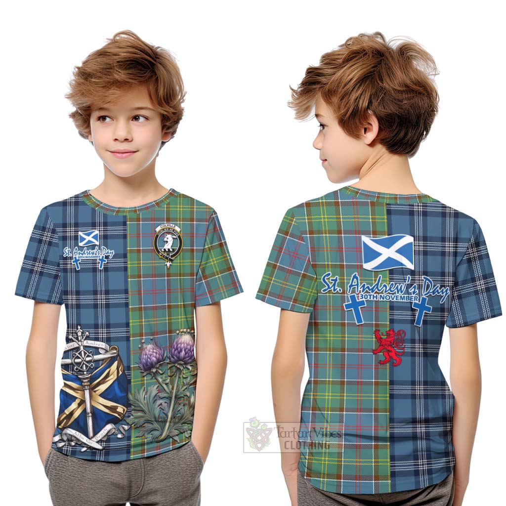 Tartan Vibes Clothing Colville Tartan Kid T-Shirt Happy St. Andrew's Day Half Tartan Style