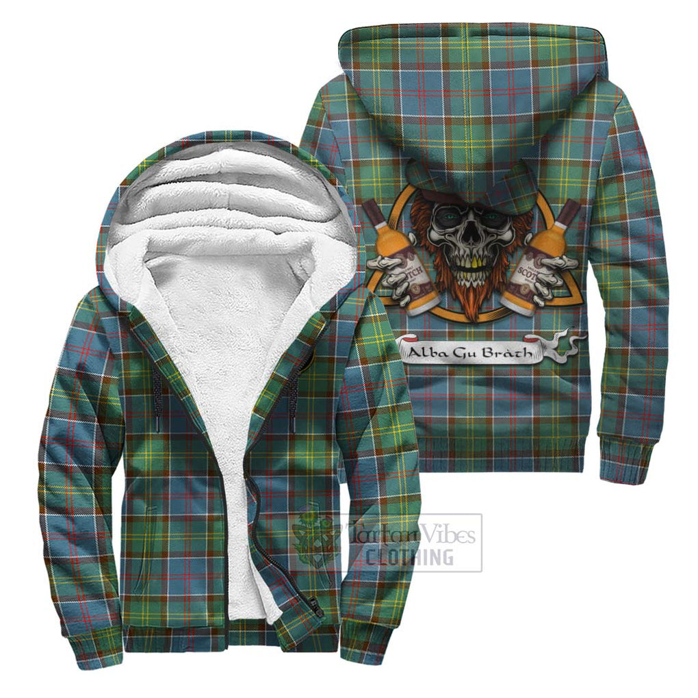 Tartan Vibes Clothing Colville Tartan Sherpa Hoodie with Family Crest and Bearded Skull Holding Bottles of Whiskey