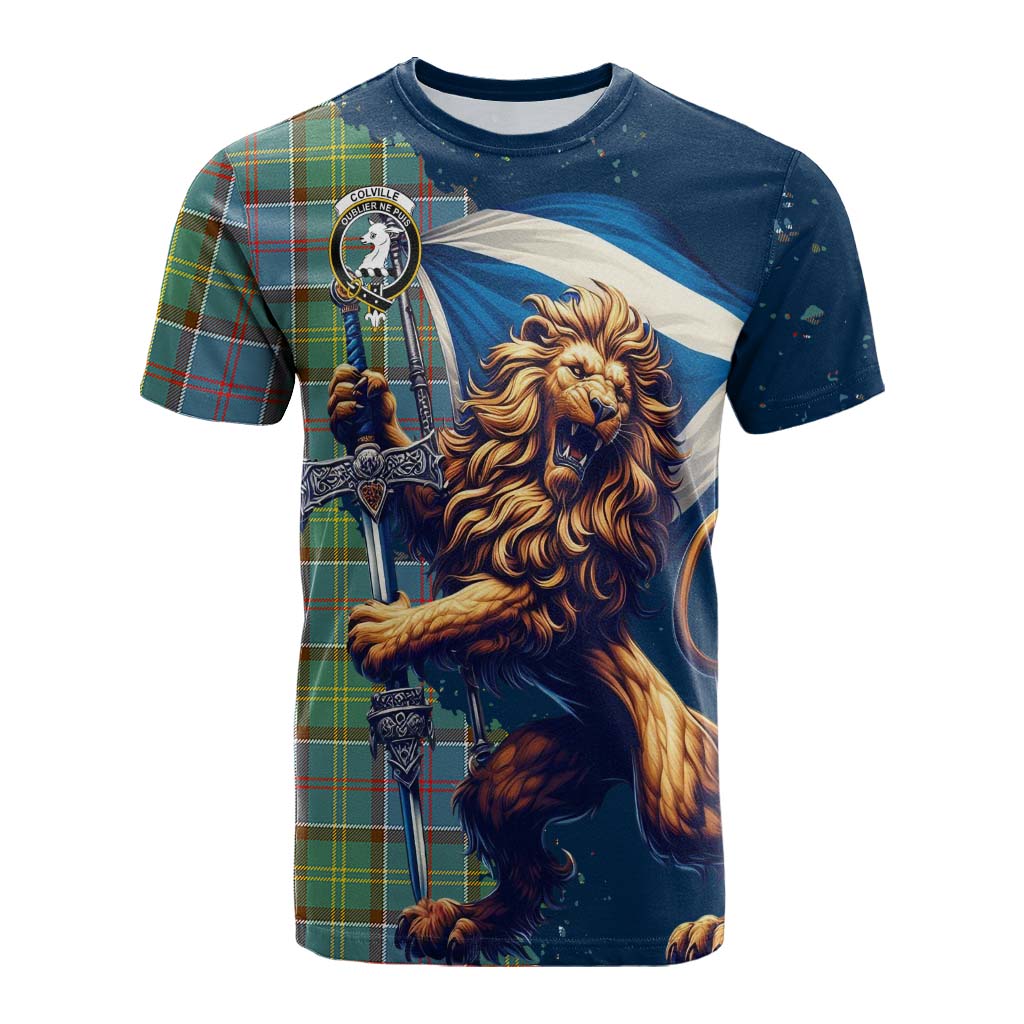 Tartan Vibes Clothing Colville Tartan Family Crest Cotton T-shirt with Scottish Majestic Lion