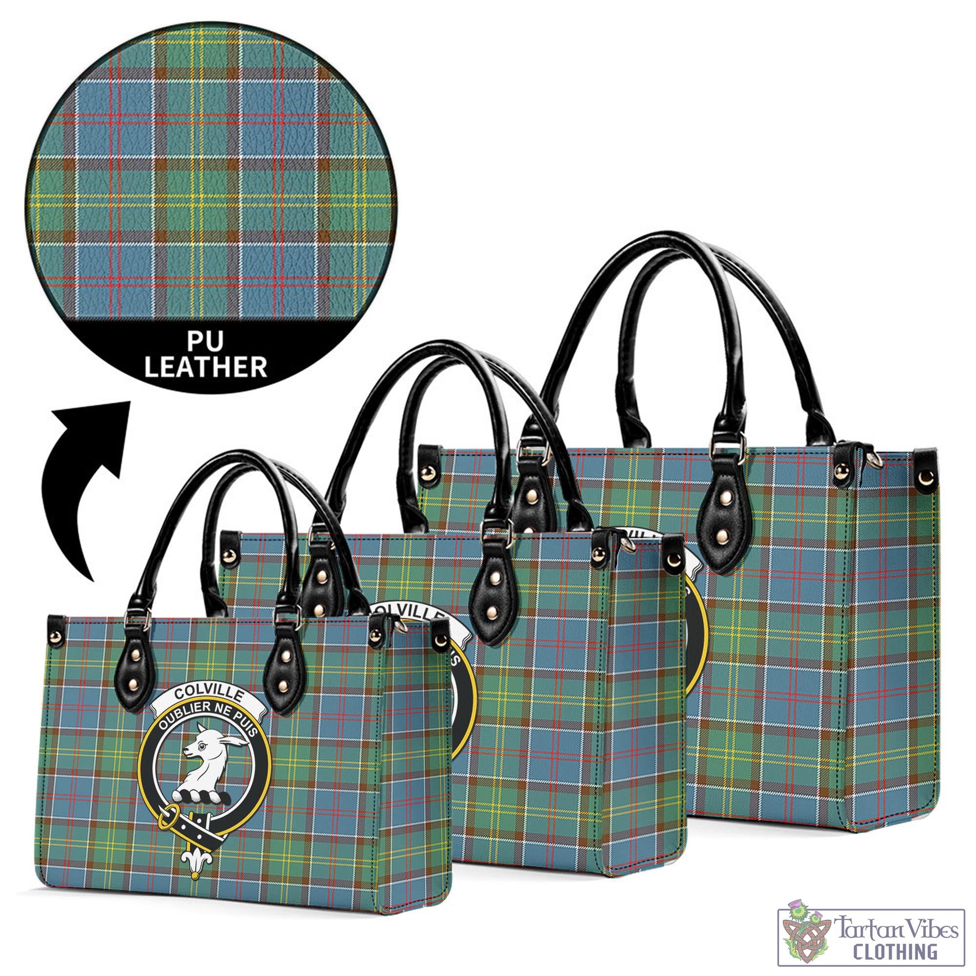 Tartan Vibes Clothing Colville Tartan Luxury Leather Handbags with Family Crest