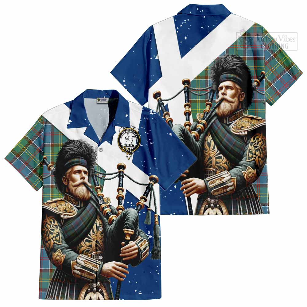 Tartan Vibes Clothing Colville Tartan Short Sleeve Button Shirt with Family Crest Scottish Bagpiper Vibes