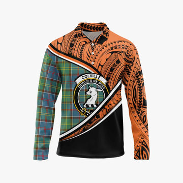 Colville Crest Tartan Long Sleeve Polo Shirt with Polynesian Vibes Style - Orange Version