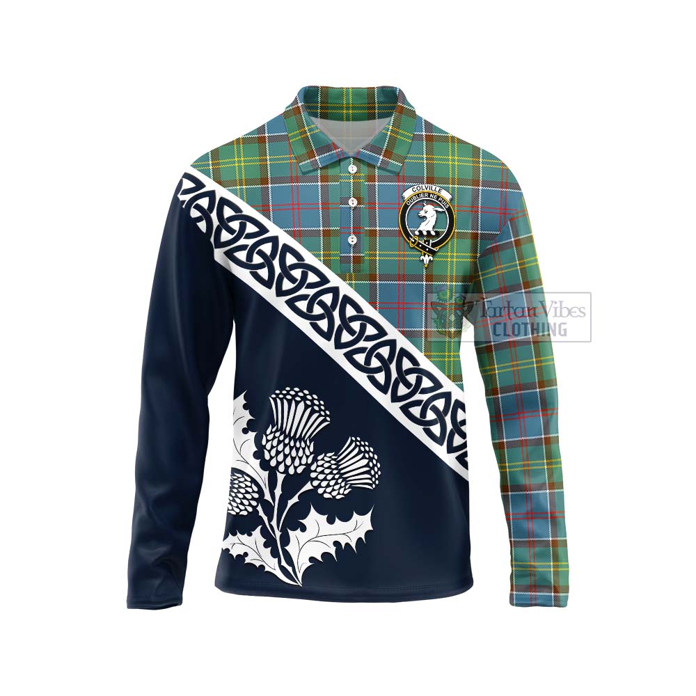 Tartan Vibes Clothing Colville Tartan Long Sleeve Polo Shirt Featuring Thistle and Scotland Map