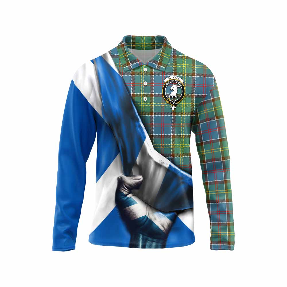 Tartan Vibes Clothing Colville Tartan Long Sleeve Polo Shirt with Family Crest Scotland Patriotic Style