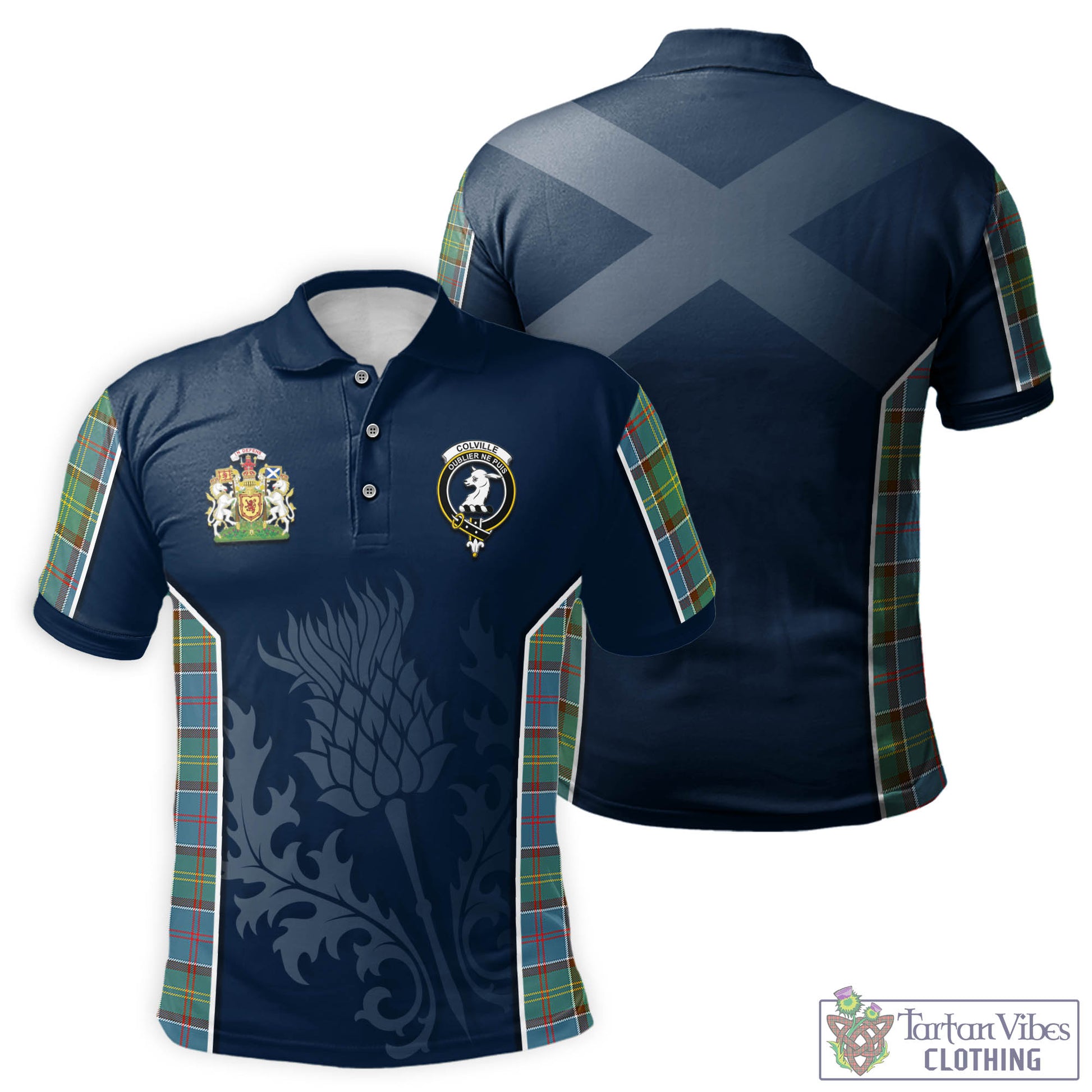 Tartan Vibes Clothing Colville Tartan Men's Polo Shirt with Family Crest and Scottish Thistle Vibes Sport Style