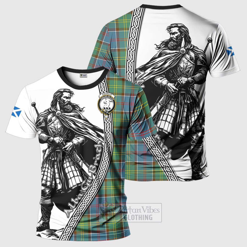 Tartan Vibes Clothing Colville Tartan Clan Crest T-Shirt with Highlander Warrior Celtic Style