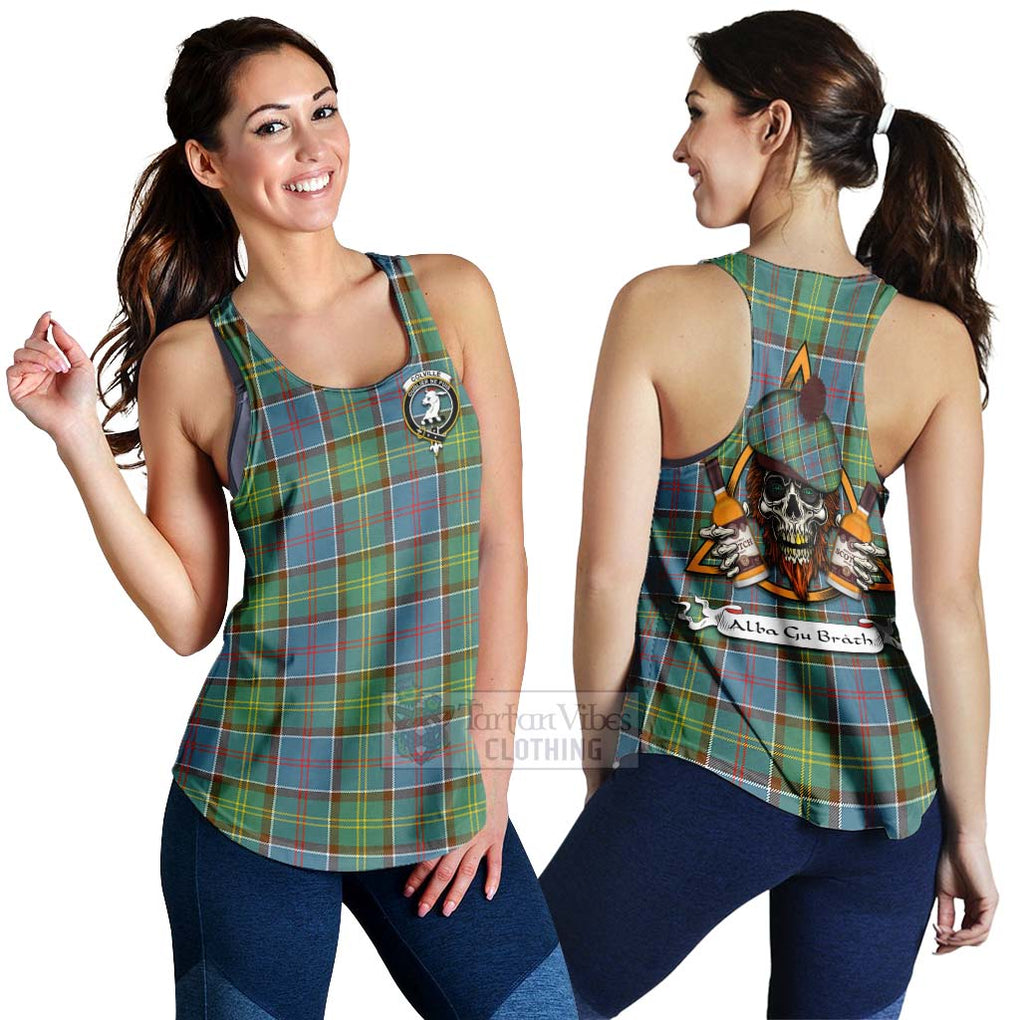 Tartan Vibes Clothing Colville Tartan Women's Racerback Tanks with Family Crest and Bearded Skull Holding Bottles of Whiskey