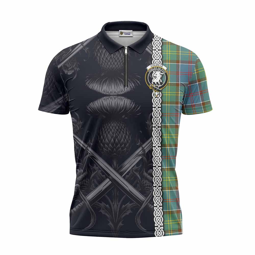 Tartan Vibes Clothing Colville Tartan Zipper Polo Shirt with Family Crest Cross Sword Thistle Celtic Vibes