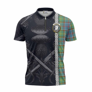 Colville Tartan Zipper Polo Shirt with Family Crest Cross Sword Thistle Celtic Vibes