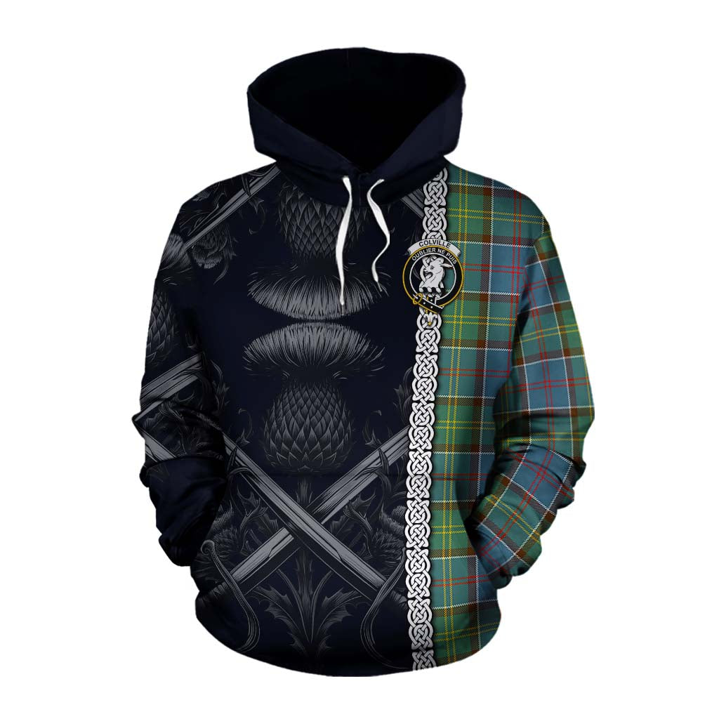 Tartan Vibes Clothing Colville Tartan Cotton Hoodie with Family Crest Cross Sword Thistle Celtic Vibes