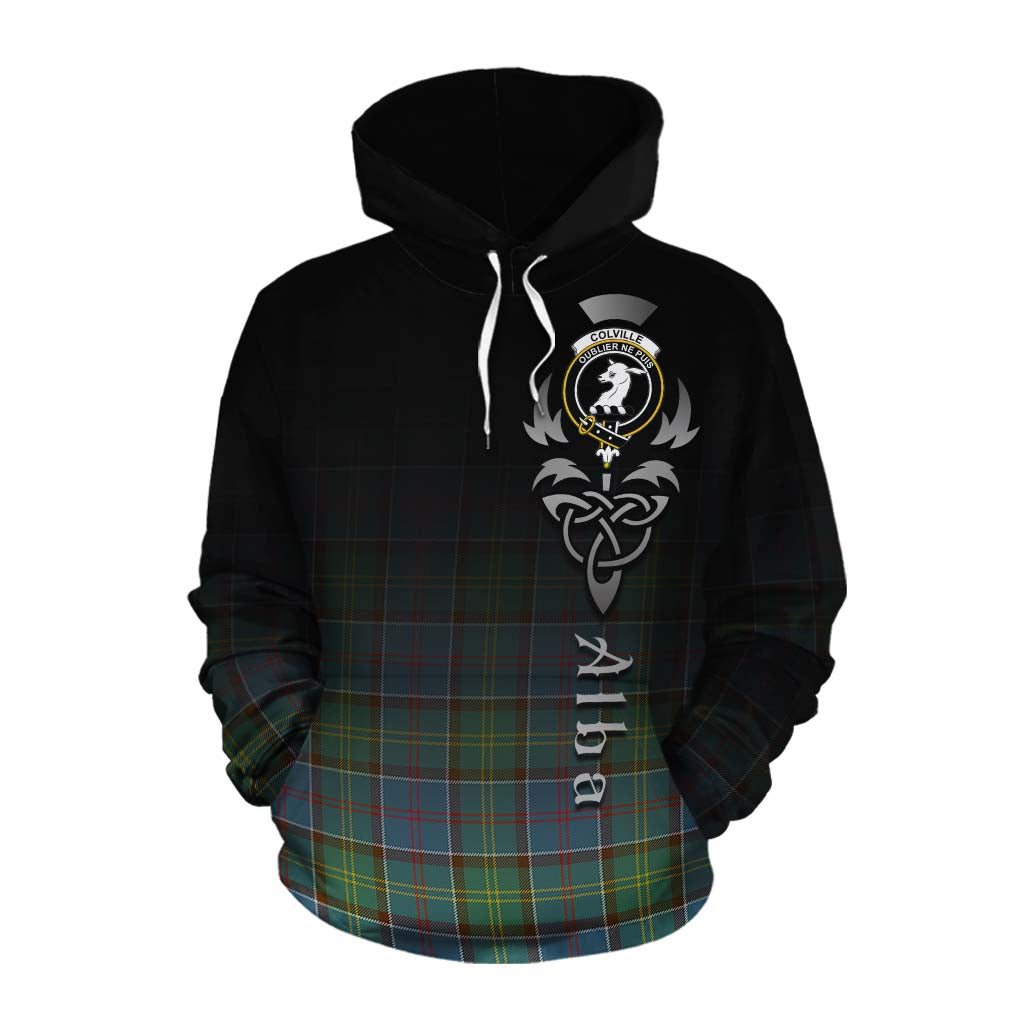 Tartan Vibes Clothing Colville Tartan Cotton Hoodie Featuring Alba Gu Brath Family Crest Celtic Inspired