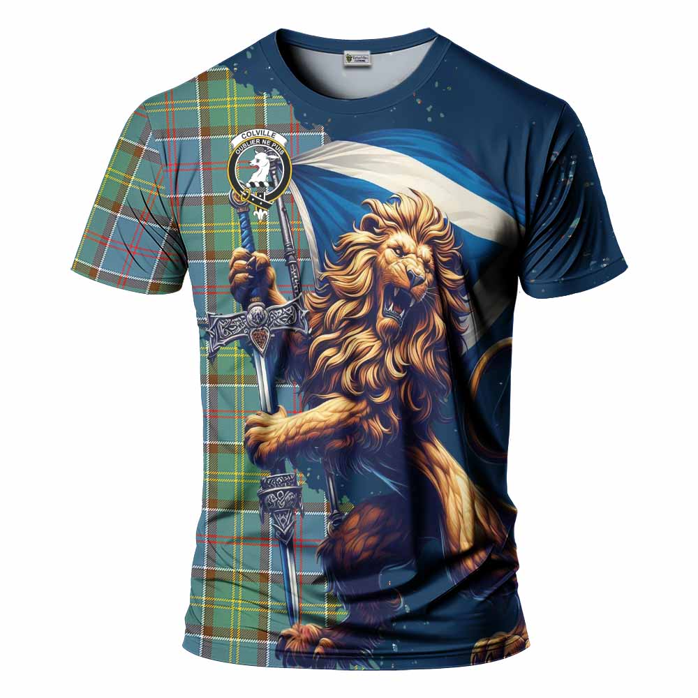 Tartan Vibes Clothing Colville Tartan Family Crest T-Shirt with Scottish Majestic Lion