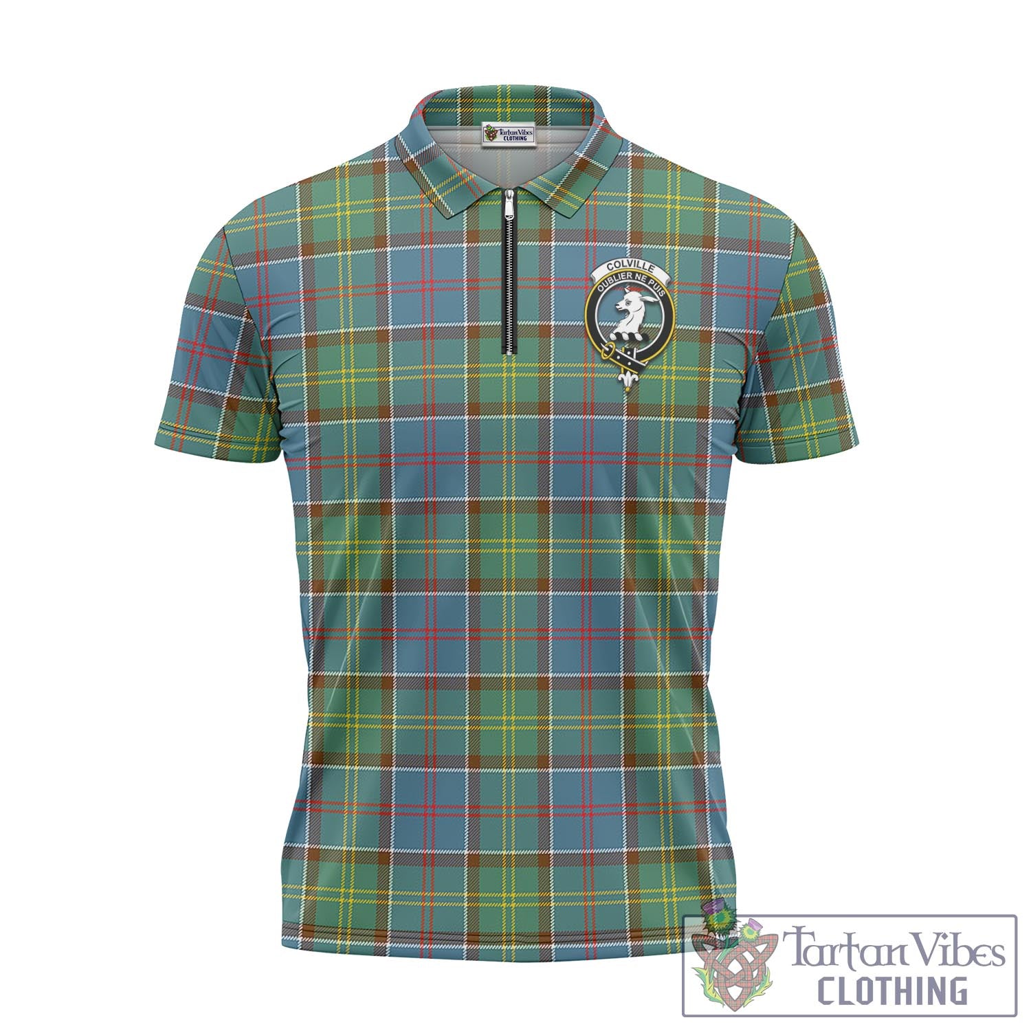 Tartan Vibes Clothing Colville Tartan Zipper Polo Shirt with Family Crest