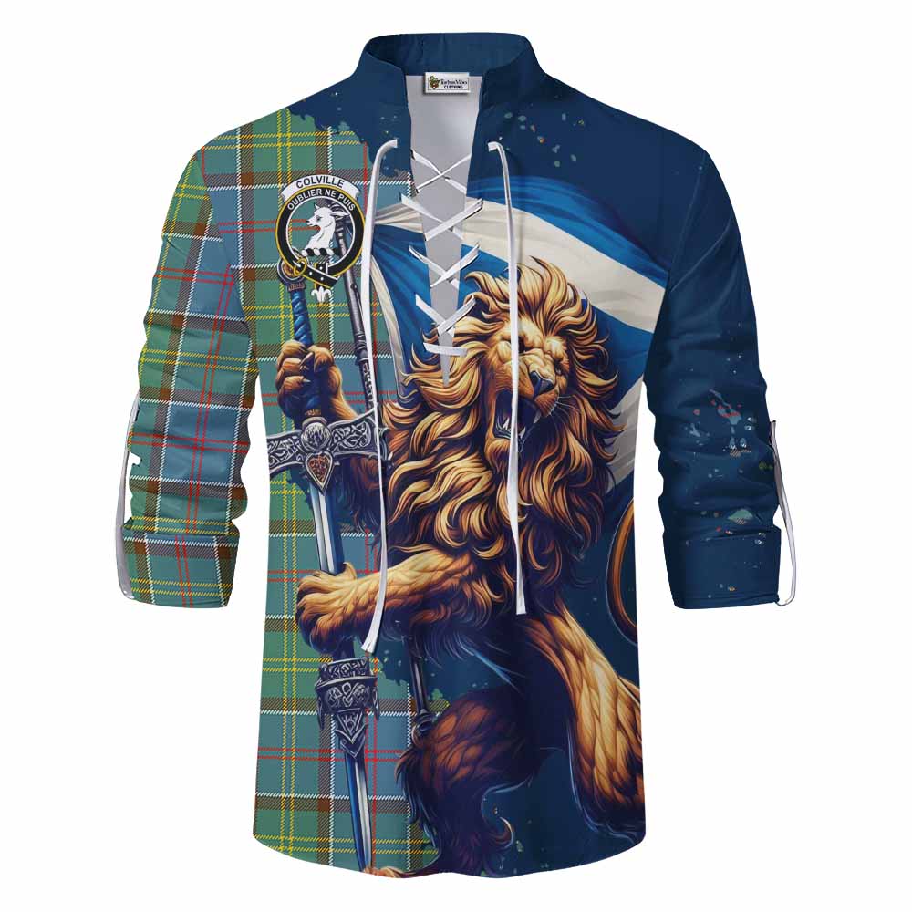 Tartan Vibes Clothing Colville Tartan Family Crest Ghillie Kilt Shirt with Scottish Majestic Lion