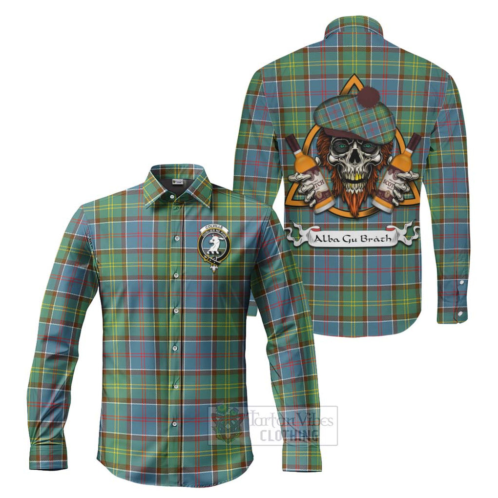 Tartan Vibes Clothing Colville Tartan Long Sleeve Button Shirt with Family Crest and Bearded Skull Holding Bottles of Whiskey