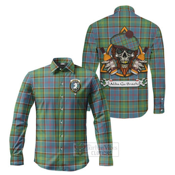 Colville Tartan Long Sleeve Button Shirt with Family Crest and Bearded Skull Holding Bottles of Whiskey