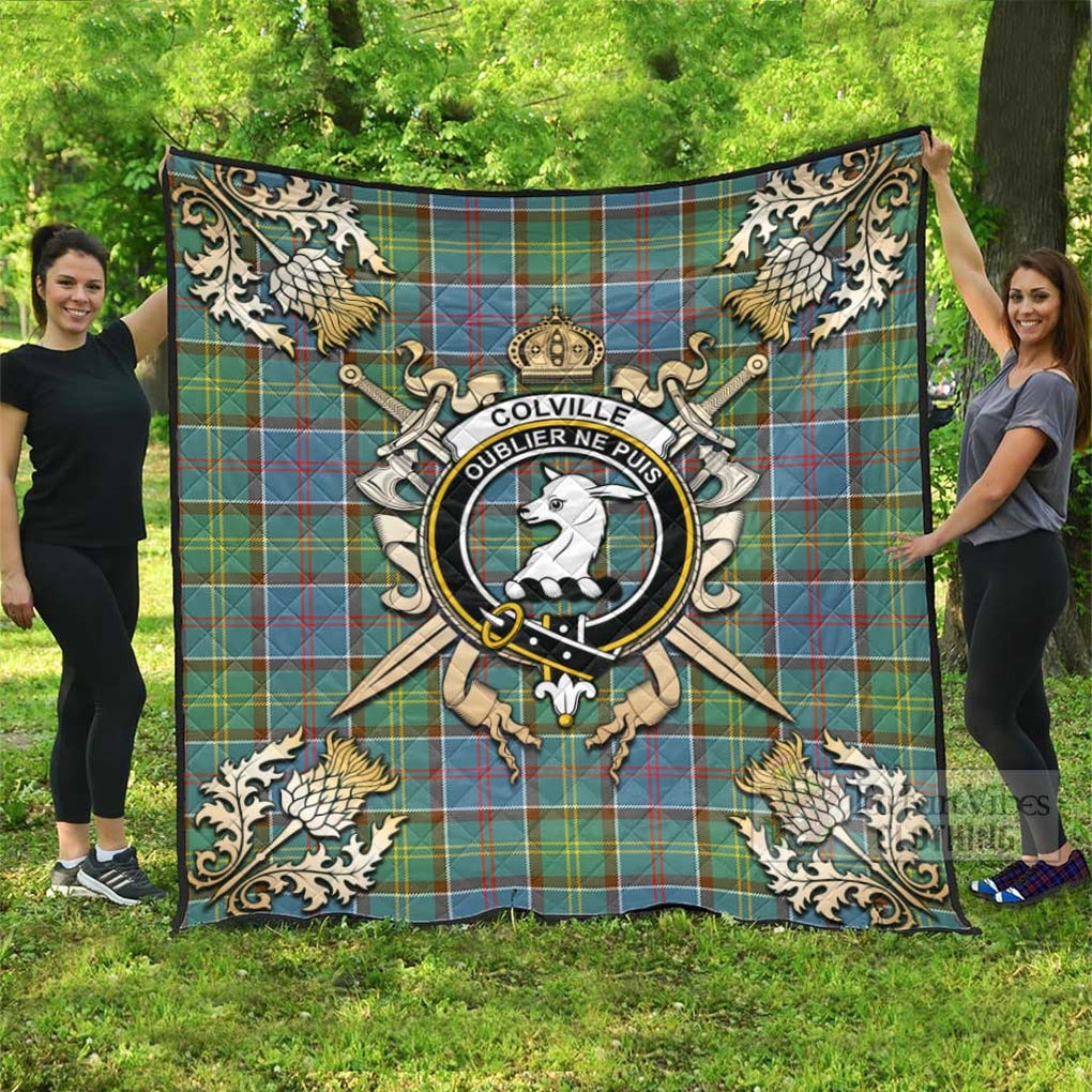 Tartan Vibes Clothing Colville Tartan Quilt with Family Crest and Scottish Golden Courage Shield