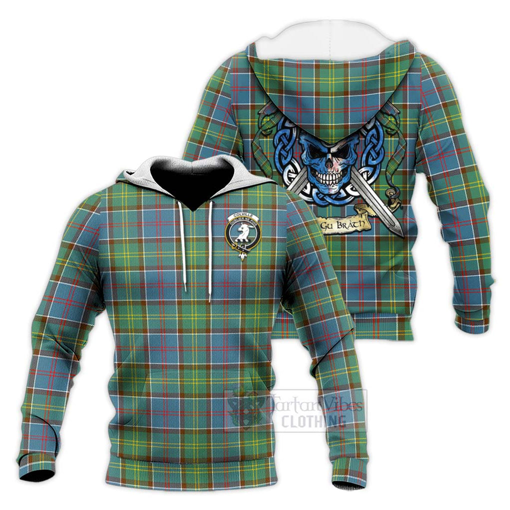 Tartan Vibes Clothing Colville Tartan Knitted Hoodie with Family Crest Celtic Skull Style