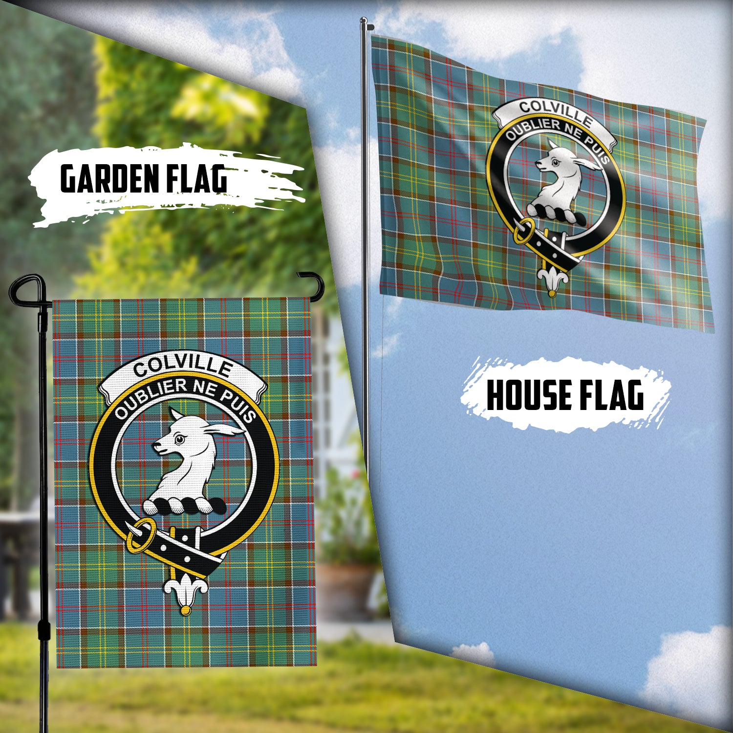 Colville Tartan Flag with Family Crest Garden Flag (Vertical) - Tartan Vibes Clothing