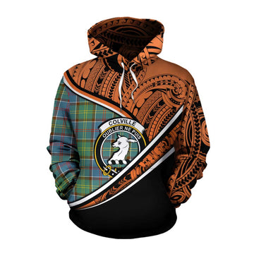 Colville Crest Tartan Cotton Hoodie with Polynesian Vibes Style - Orange Version